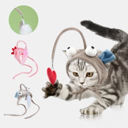 image-New Head Wearing Feather Funny Cat Stick Funny Cat Toy Stick Gray Big Eye Pet Toys Pet Products