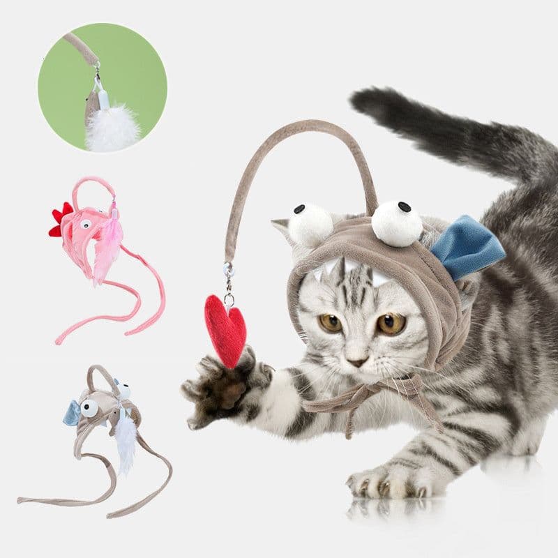 image-New Head Wearing Feather Funny Cat Stick Funny Cat Toy Stick Gray Big Eye Pet Toys Pet Products