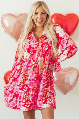 image-Floral Print High Waist V Neck Babydoll Mini Dress - Red (57 characters)