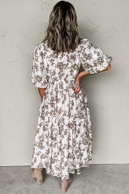 image-Khaki Floral Puff Sleeve V Neck Maxi Dress