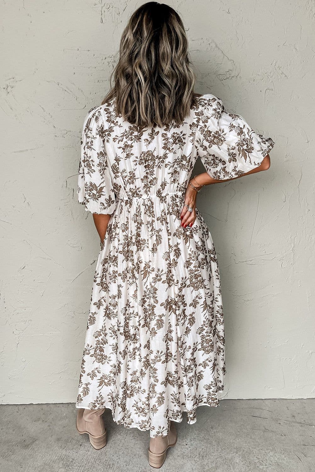 image-Khaki Floral Puff Sleeve V Neck Maxi Dress