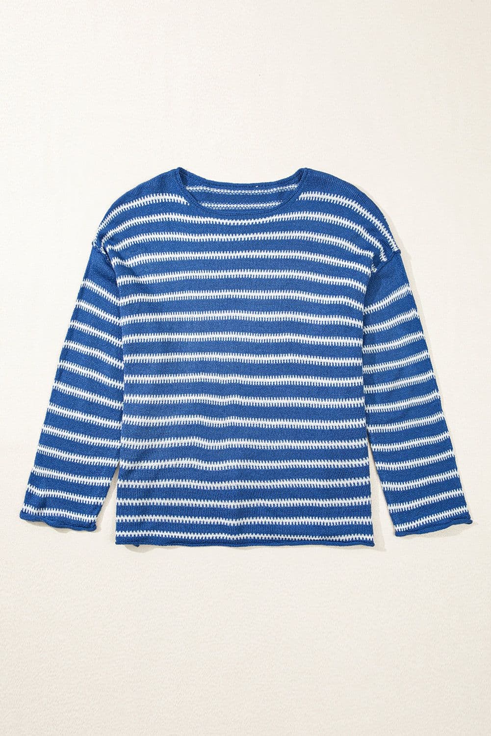 image-Sky Blue Stripe Drop Shoulder Sweater - Plus Size