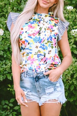 image-Light Blue Floral Print Blouse - Striped Ruffled Sleeves