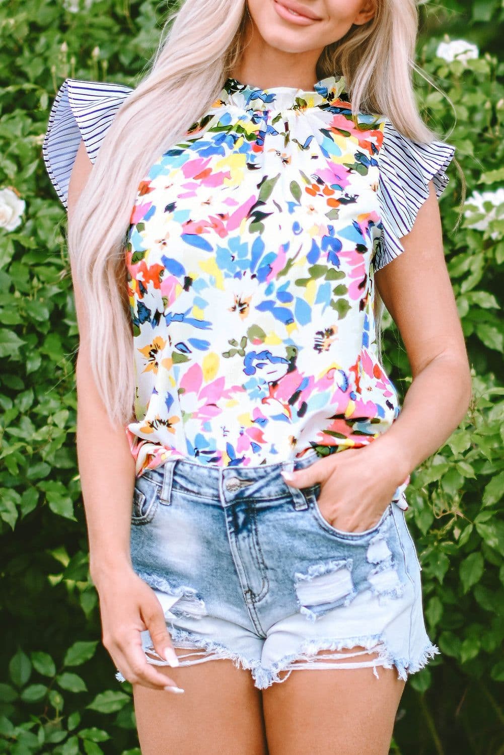 image-Light Blue Floral Print Blouse - Striped Ruffled Sleeves