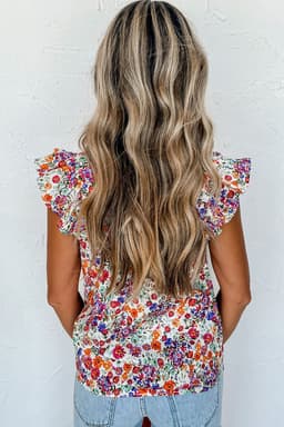image-Rose Red Floral Square Neck Flutter Tank Top