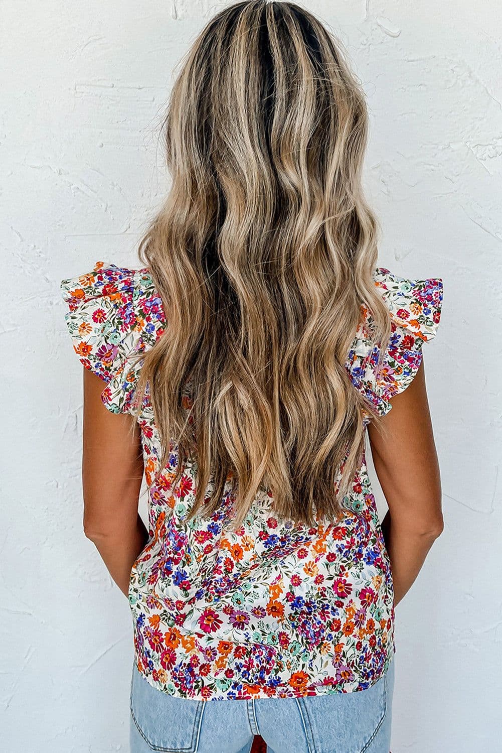 image-Rose Red Floral Square Neck Flutter Tank Top