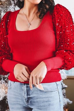 image-Fiery Red Sequin Sleeve Holiday Sweater - Square Neck
