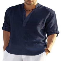 image-Men's Casual Cotton Linen Solid Color Long Sleeve Shirt Loose Stand Collar