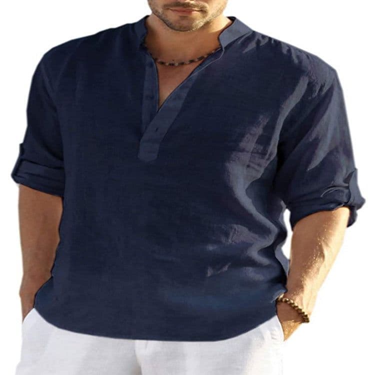 image-Men's Casual Cotton Linen Solid Color Long Sleeve Shirt Loose Stand Collar