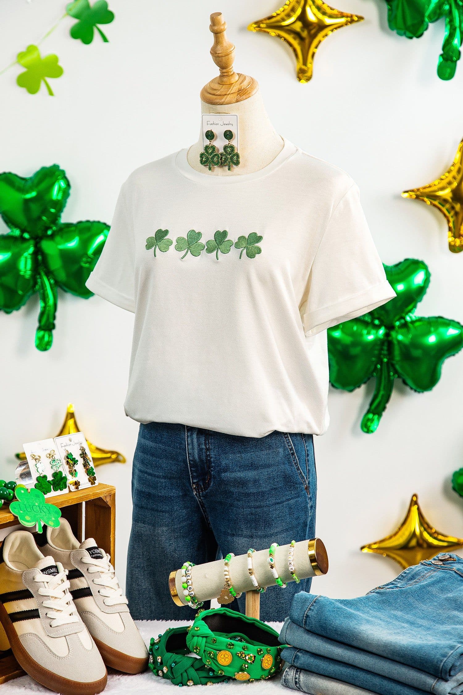 image-White Clover Embroidered St Patricks Day Tee