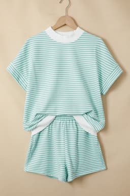 image-Sky Blue Stripe Cuffed Sleeve Contrast Mock Neck Tee Casual 2pcs Short Set