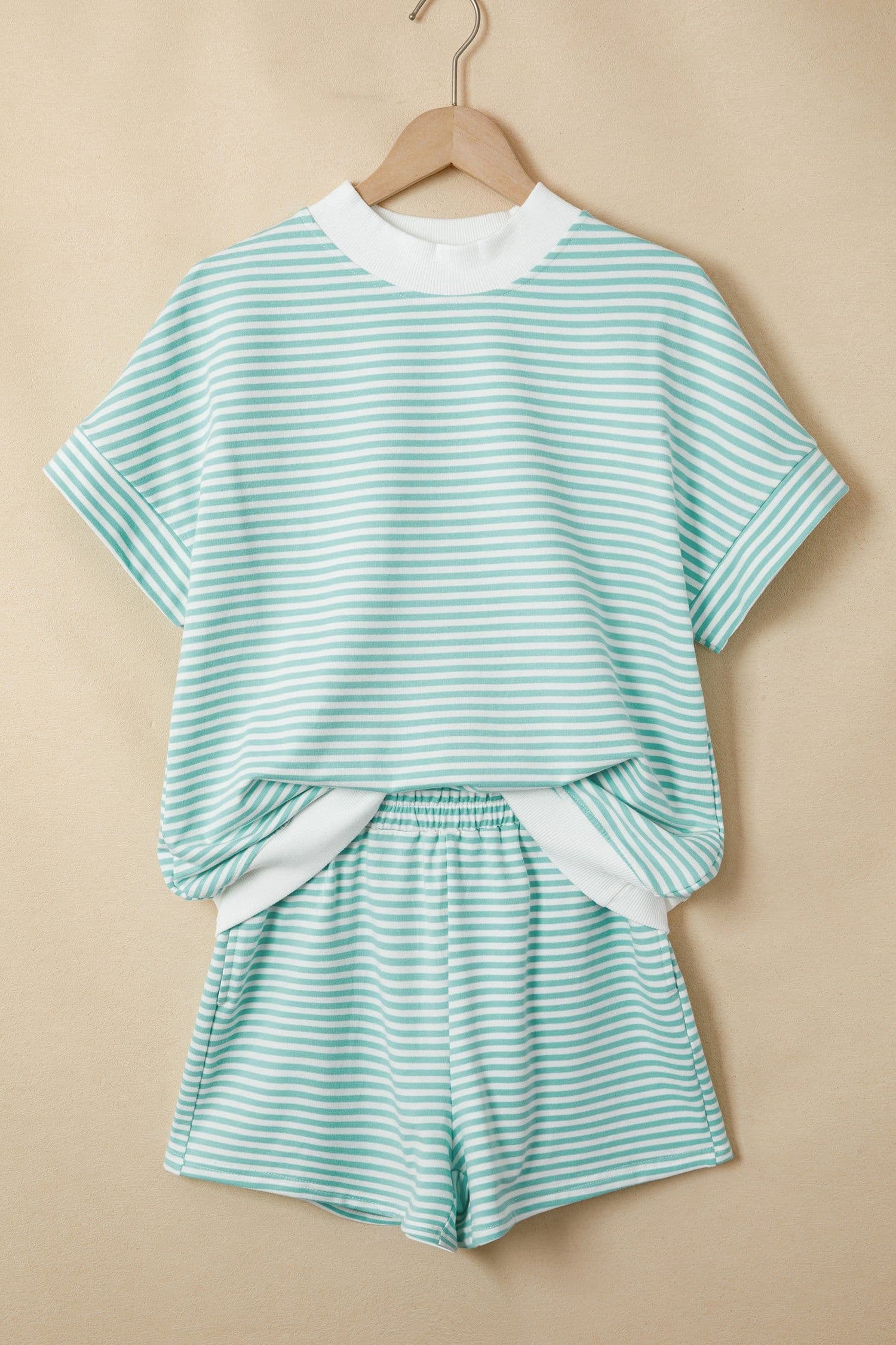 image-Sky Blue Stripe Cuffed Sleeve Contrast Mock Neck Tee Casual 2pcs Short Set