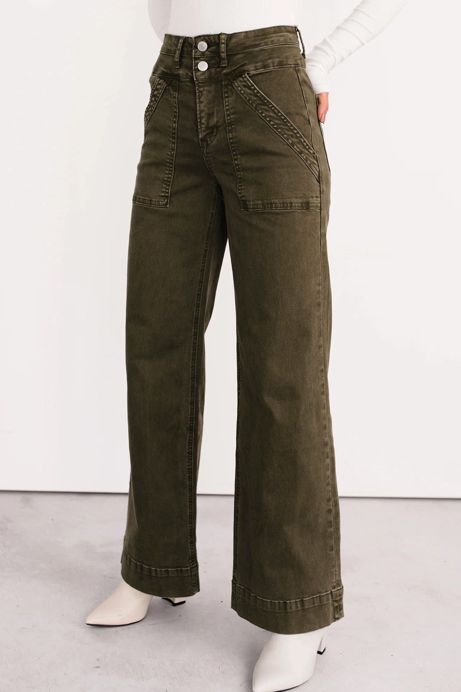 image-Jungle Green Double Waistband Loose Straight Jeans
