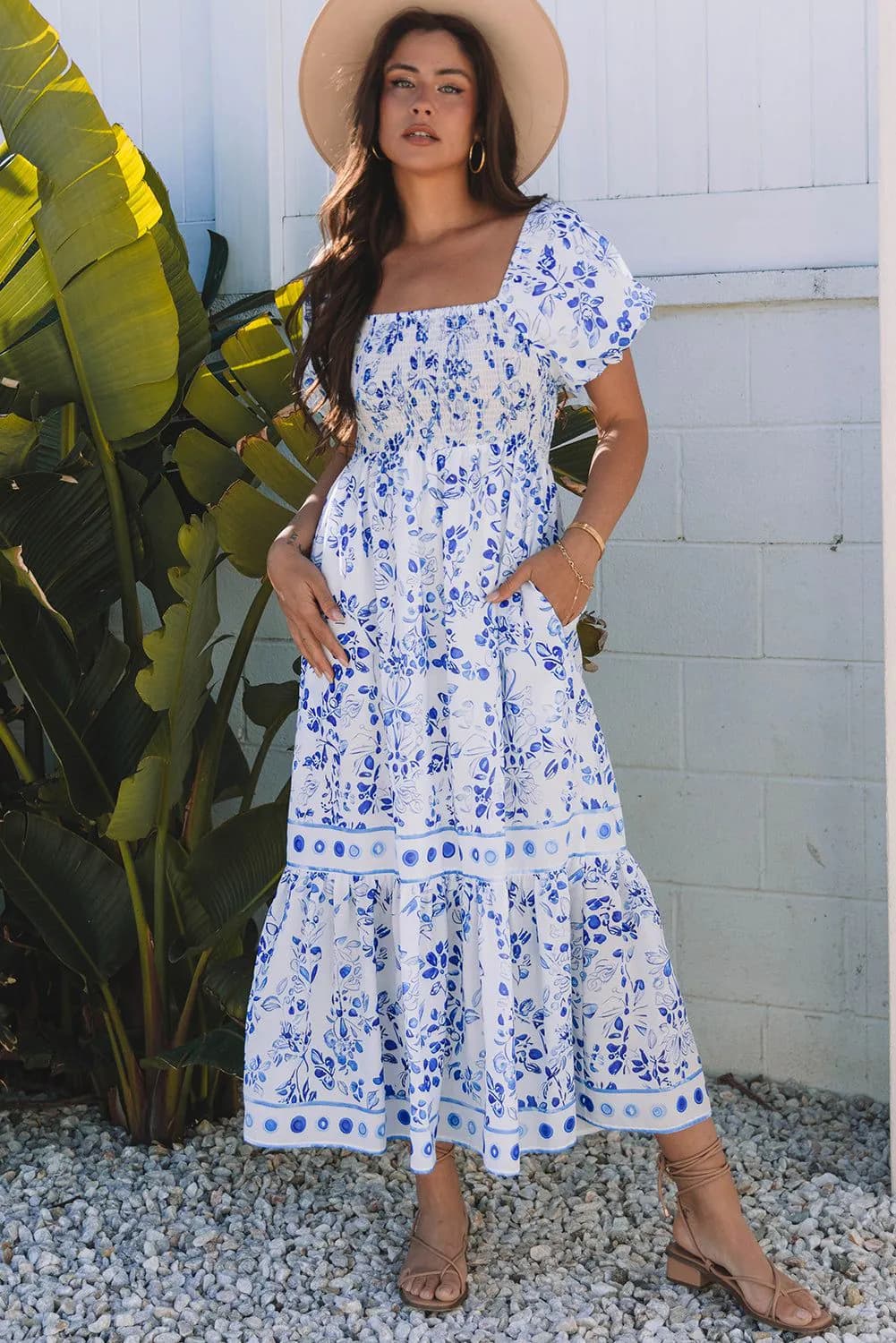 image-Sky Blue Floral Print Square Neck Bubble Sleeve High Waist Maxi Dress