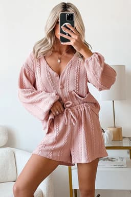 image-Gossamer Pink Cable Knit V Neck Cardigan Shorts Set