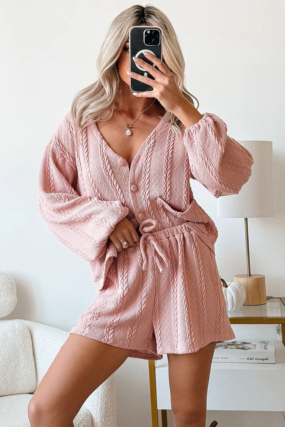 image-Gossamer Pink Cable Knit V Neck Cardigan Shorts Set