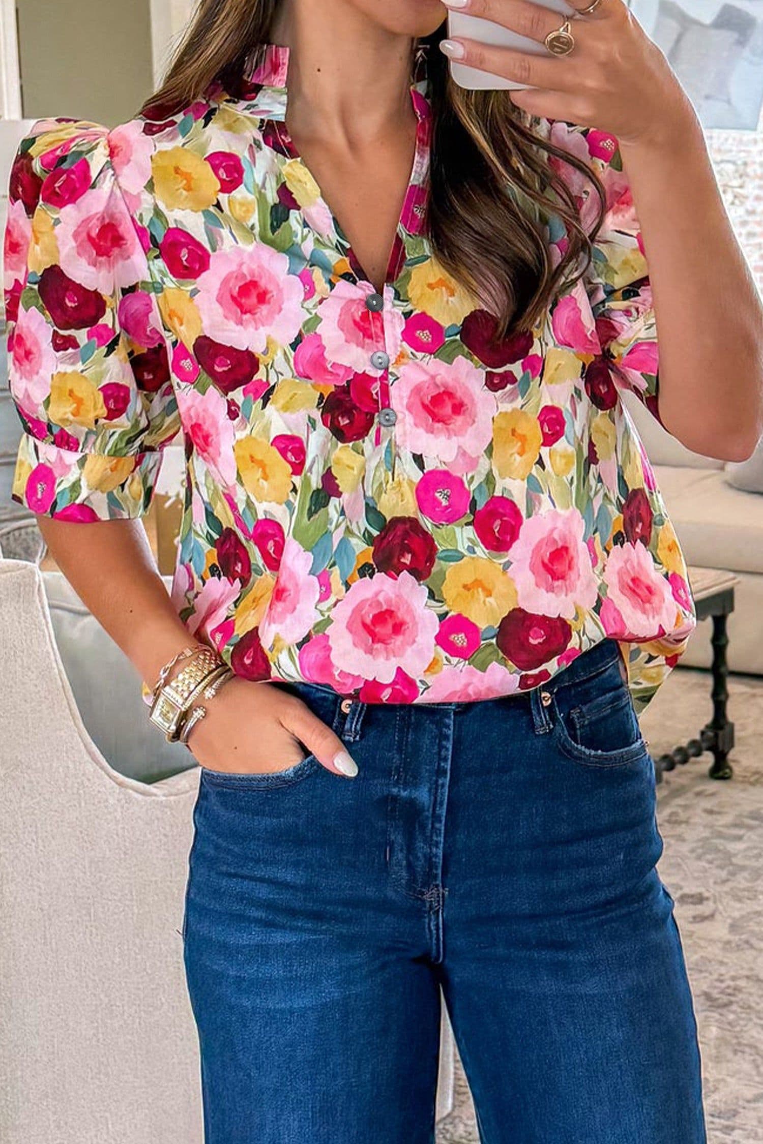 image-Pink Floral Blouse - Frilled V Neck Puff Sleeve