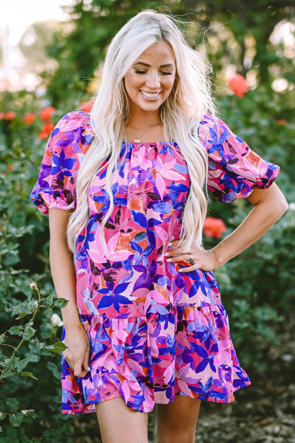 image-Purple Ruffled Short Sleeve Floral Print Dress - Sizes Available (59 characters)