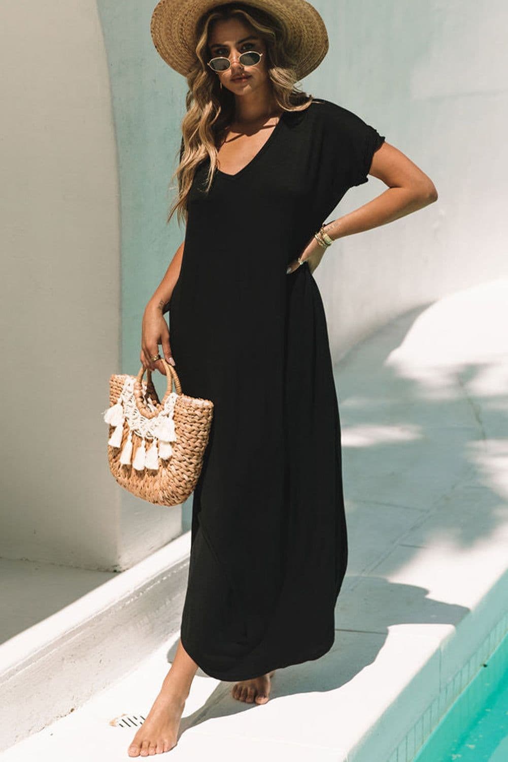 image-Black V Neck Splits Maxi T-shirt Dress, Lightweight, Breathable, S-XL