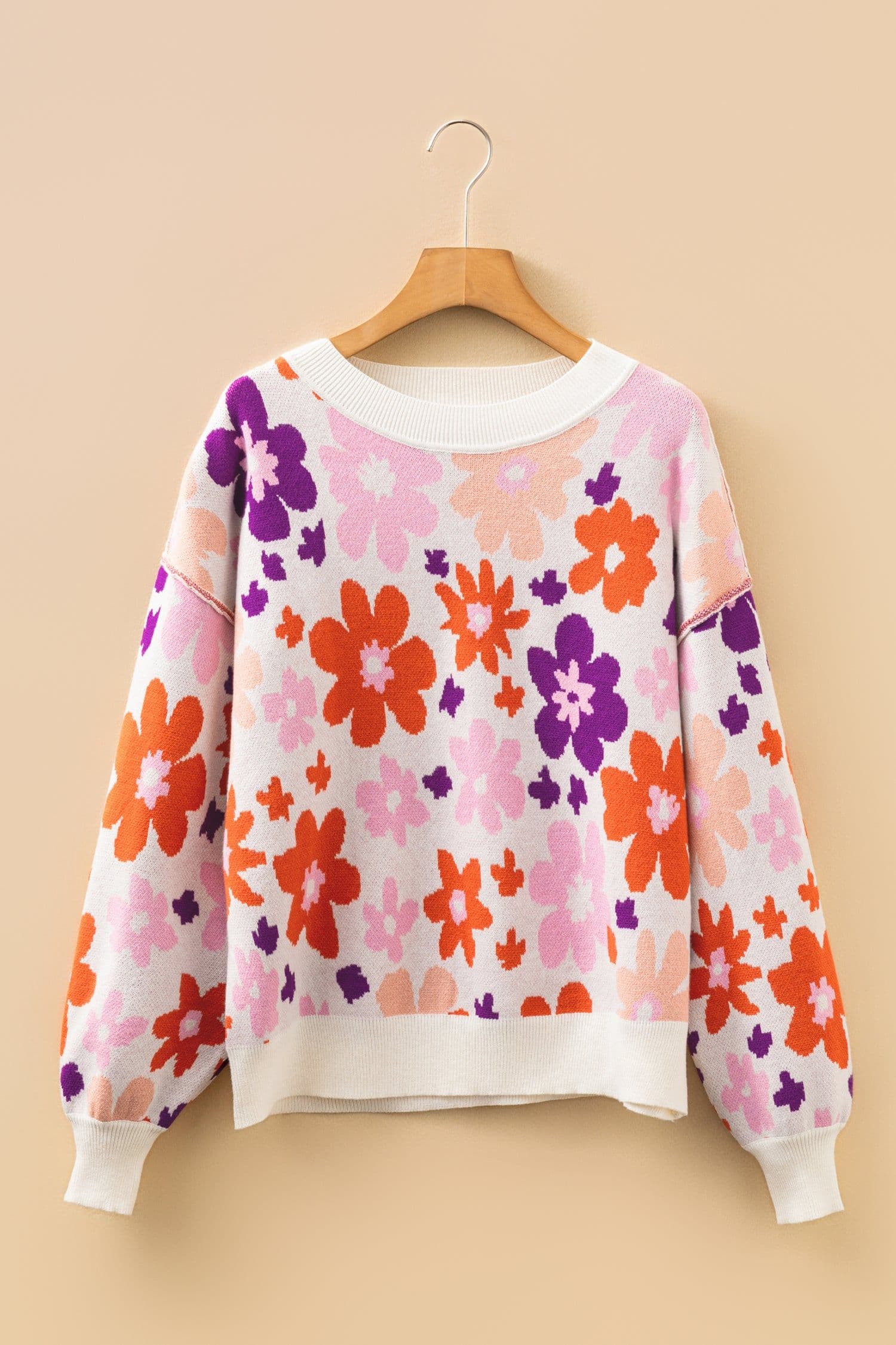 image-Khaki Fall Floral Pattern Drop Shoulder Sweater