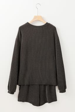 image-Carbon Grey Bowknot Patched Pattern Corded Long Sleeve Top and Shorts Outfit