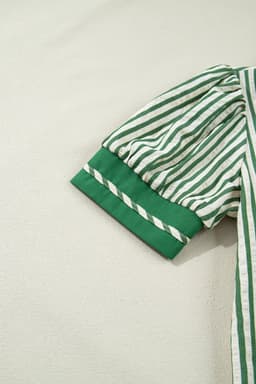 image-Green Stripe Collared Split Neck Bubble Sleeve Blouse