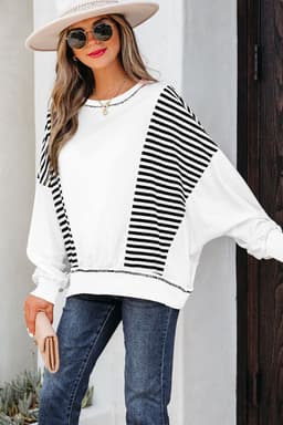 image-Brown Stripe Colorblock Patchwork Sweatshirt Oversized