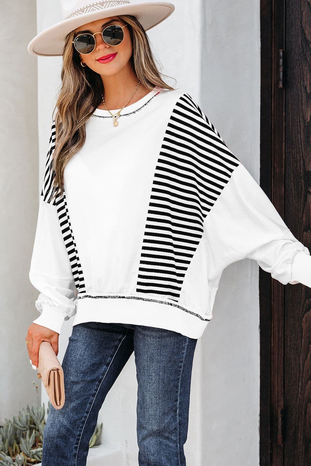 image-Brown Stripe Colorblock Patchwork Sweatshirt Oversized