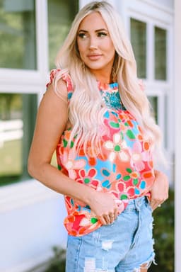 image-Rose Embroidered Floral Print Ruffle Trim Tank Top