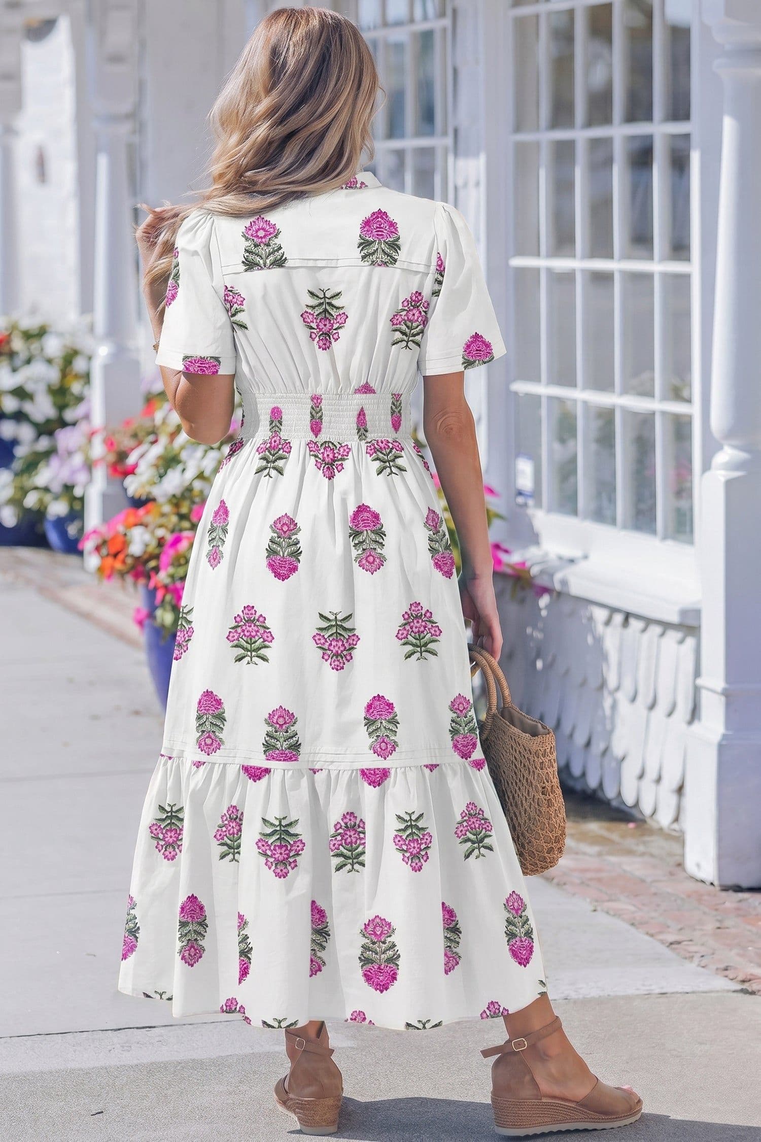 image-Floral Print Maxi Dress - Split Neck, Shirred Waist, Ruffle Hem - 60" Long