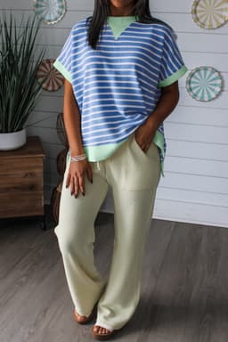 image-Sky Blue Stripe Top - Loose Short Sleeve Contrast Trim - Sizes Available