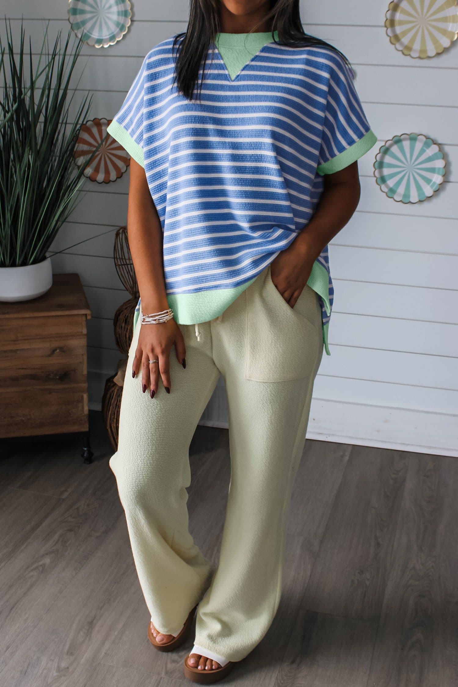 image-Sky Blue Stripe Top - Loose Short Sleeve Contrast Trim - Sizes Available