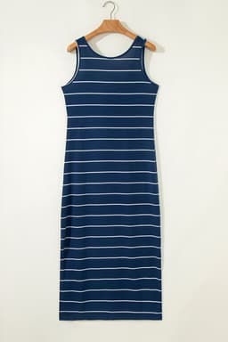 image-Blue Gray Stripe Maxi Dress Open Back Sleeveless