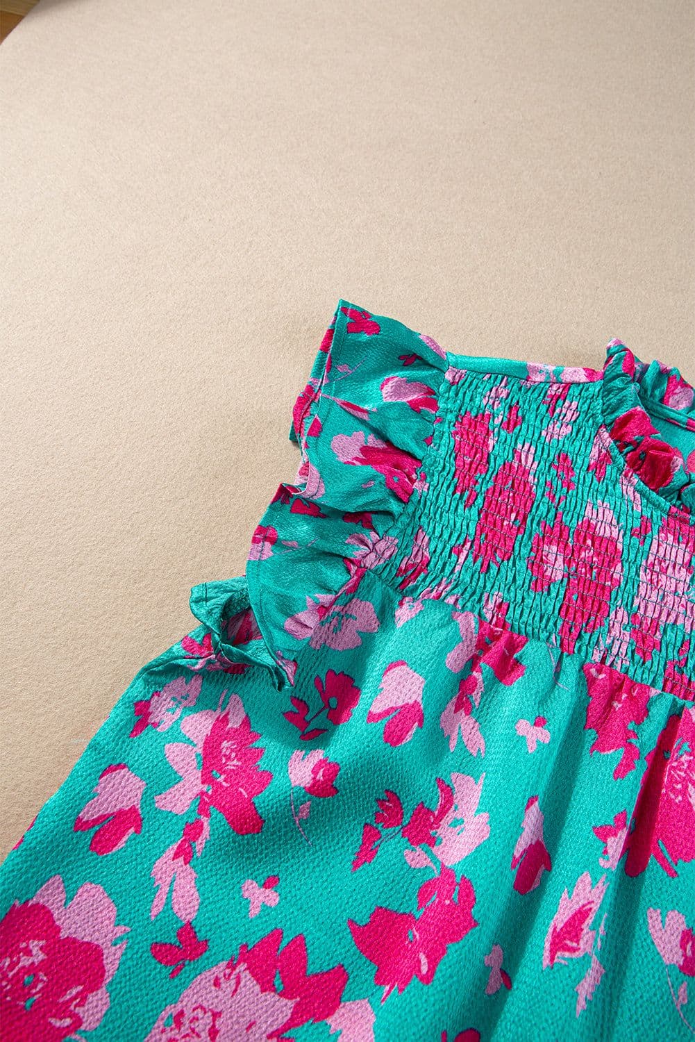 image-Green Floral Ruffled Flutter Sleeve Ruched Blouse