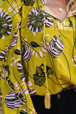 image-Yellow Vintage Floral V Neck Ruffle Trim Long Sleeve Blouse