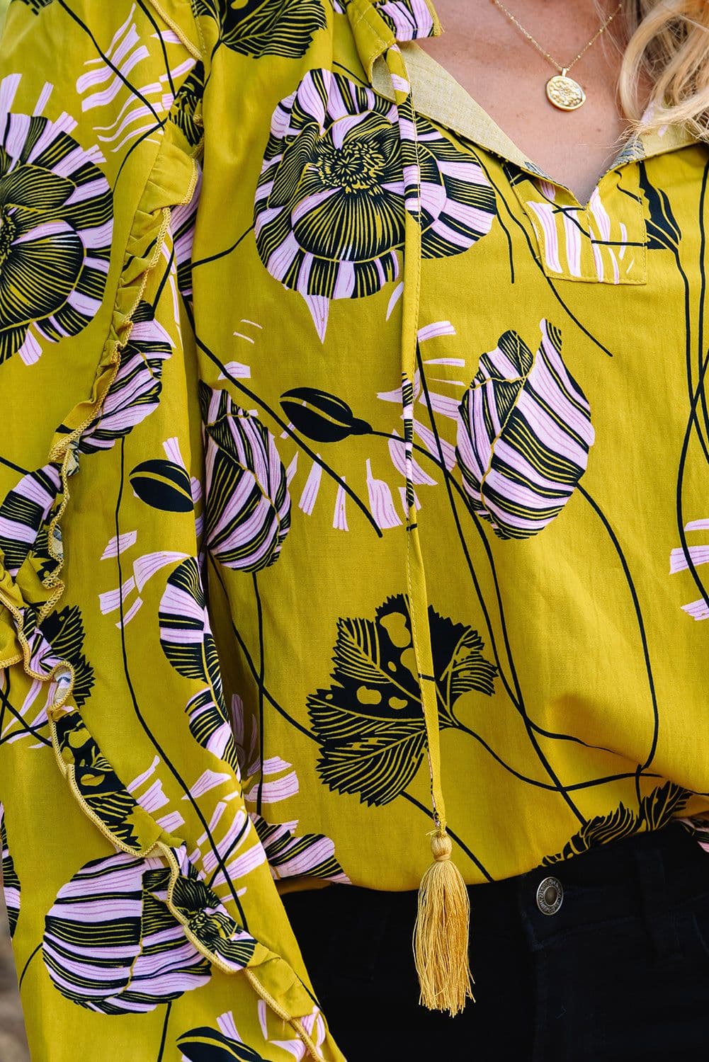 image-Yellow Vintage Floral V Neck Ruffle Trim Long Sleeve Blouse