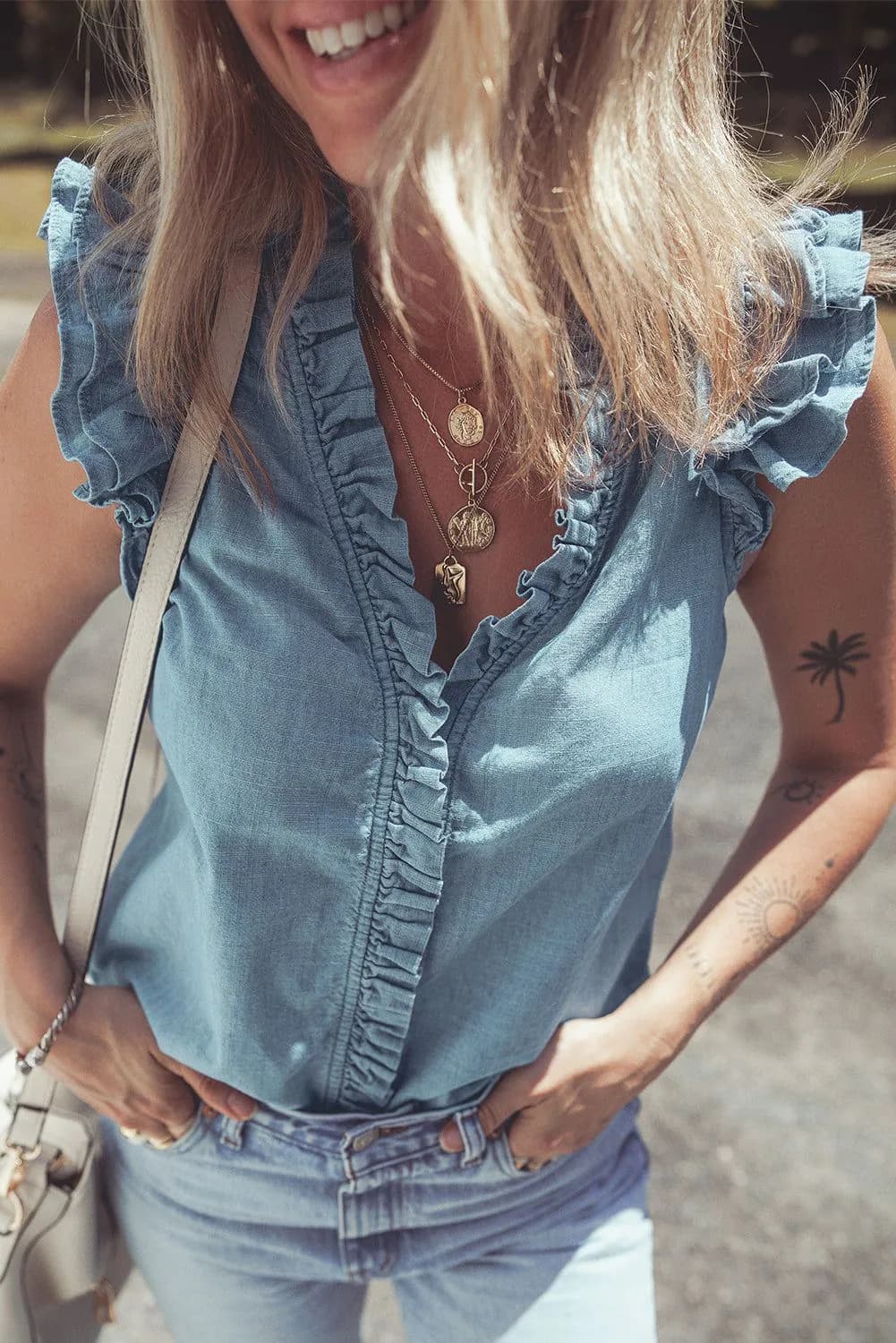 image-Beau Blue Chambray Tank Top Ruffle Trim