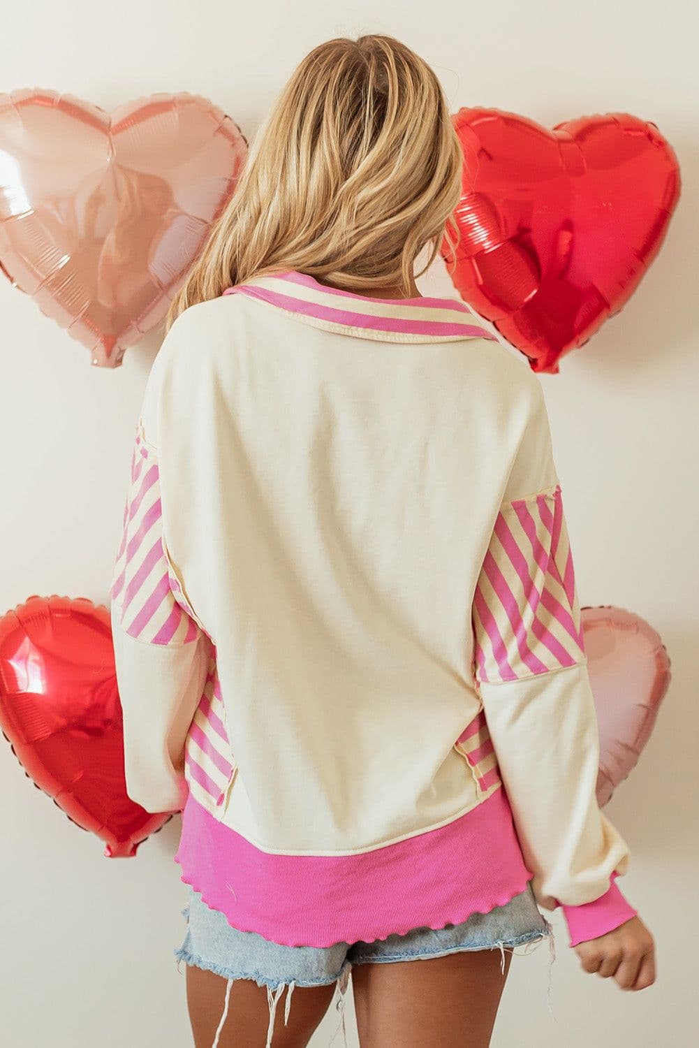 image-Pink Stripe Colorblock Patchwork Collared French Terry Top