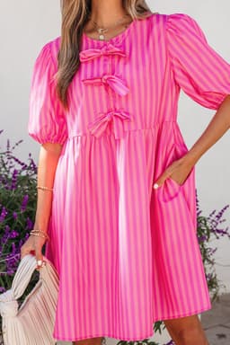 image-Rose Striped Print Bow Detail Short Puff Sleeve Mini Dress