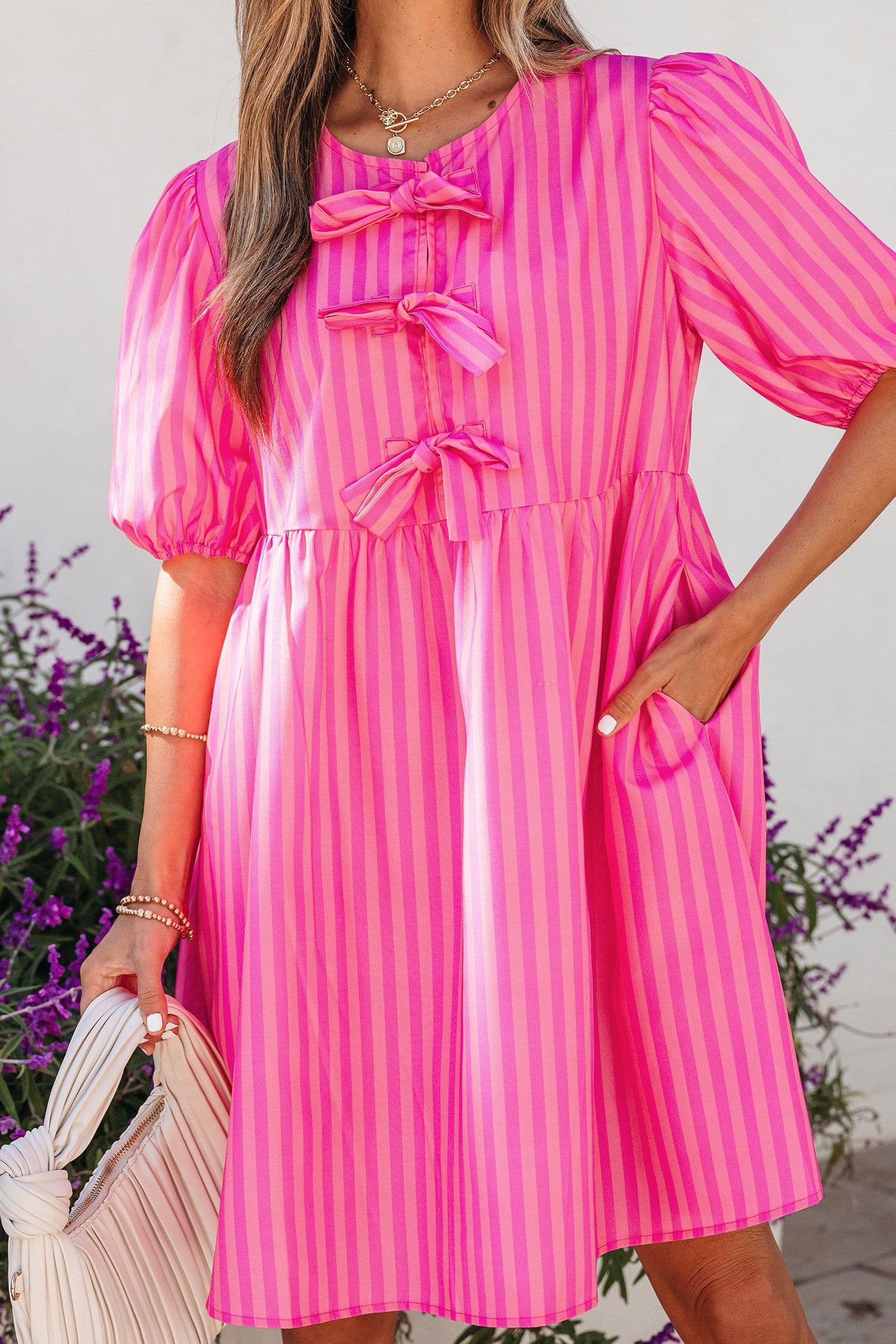 image-Rose Striped Print Bow Detail Short Puff Sleeve Mini Dress
