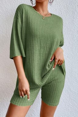 image-Apricot Plain Ribbed Loose Fit Two Piece Lounge Set