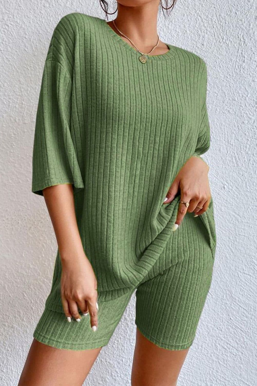 image-Apricot Plain Ribbed Loose Fit Two Piece Lounge Set