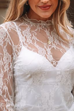 image-White Sheer Lace Mesh Long Sleeve Top - Slim Fit (65 characters)