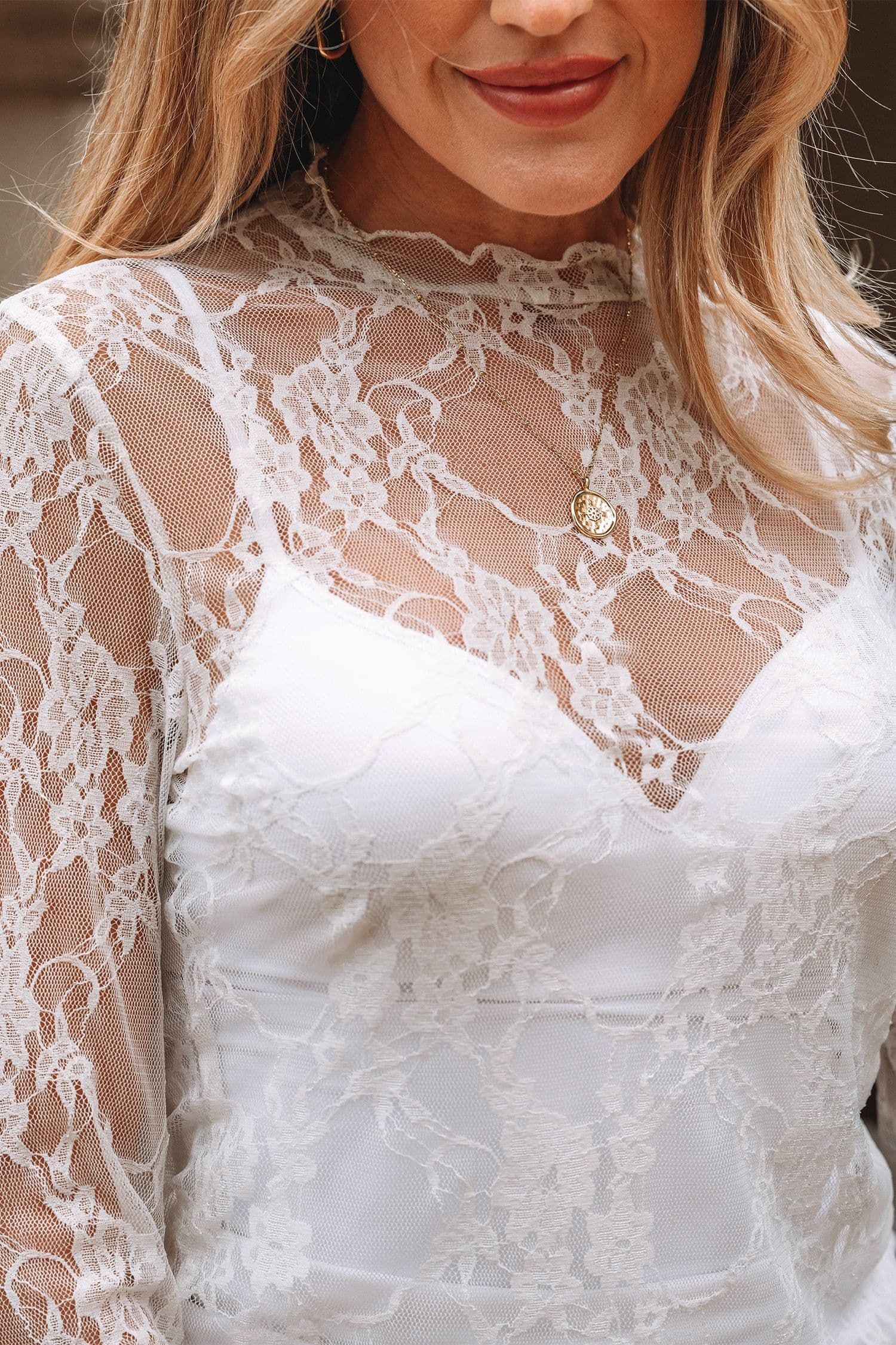 image-White Sheer Lace Mesh Long Sleeve Top - Slim Fit (65 characters)