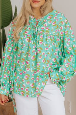 image-Green Abstract Lace-up Lantern Sleeve Babydoll Blouse