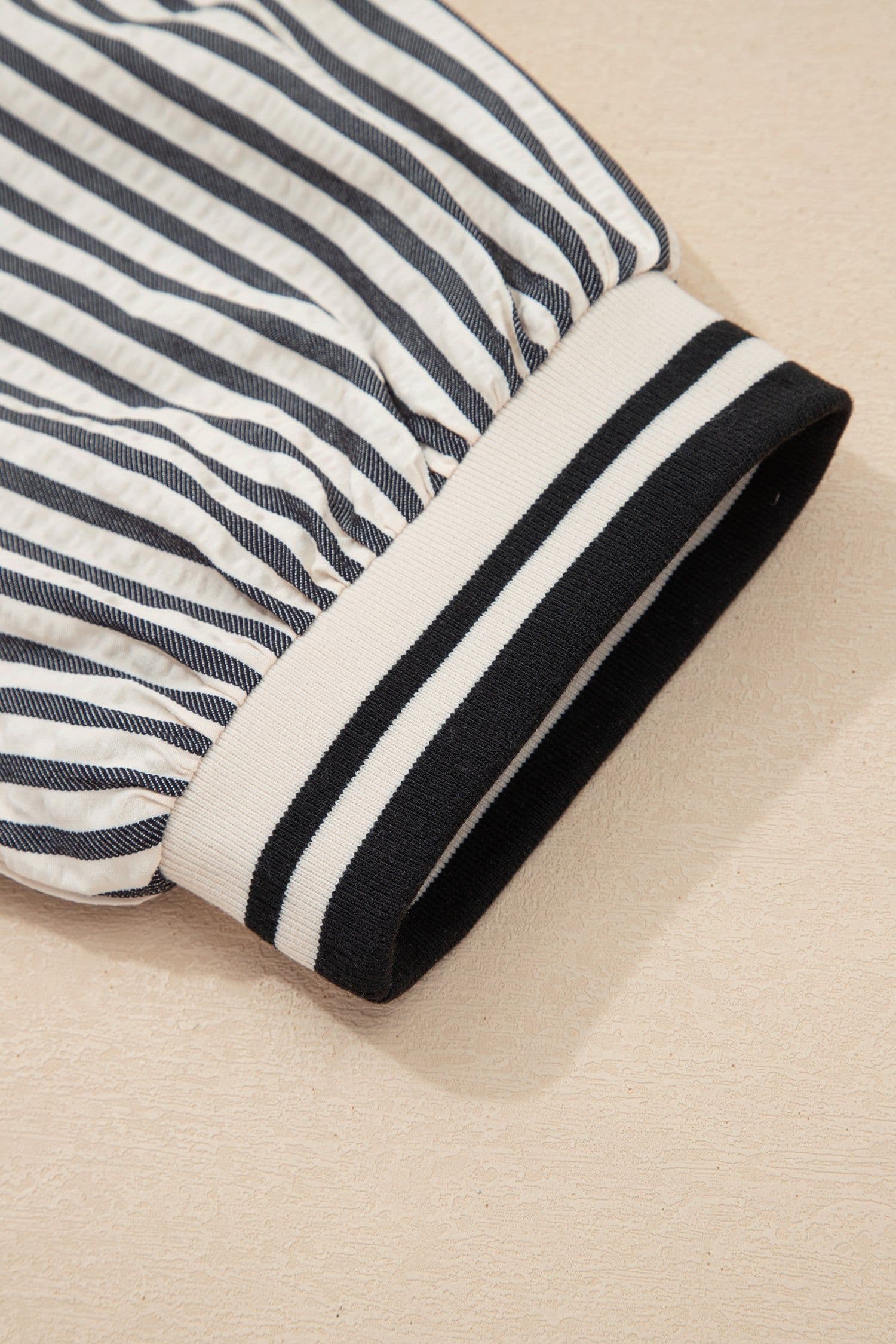 image-Black Stripe Polo Collar Half Zip Short Puff Sleeve Blouse