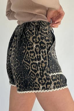 image-Khaki Contrast Scalloped Lace Trim Leopard Denim Shorts