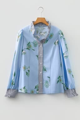 image-Sky Blue Floral Print Contrast Striped Trim Ruffled V Neck Fall Blouse