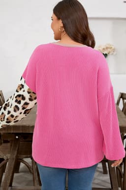 image-Rose Red Plus Size Twisted Ribbed Color Block Leopard Patchwork Long Sleeve Top