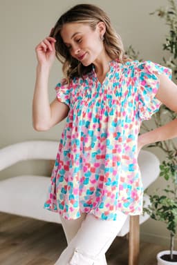 image-Sky Blue Abstract Printed Ruffled Blouse - Shirred Yoke Design